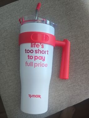 T.J.Maxx White Travel Tumbler with Pink Accents